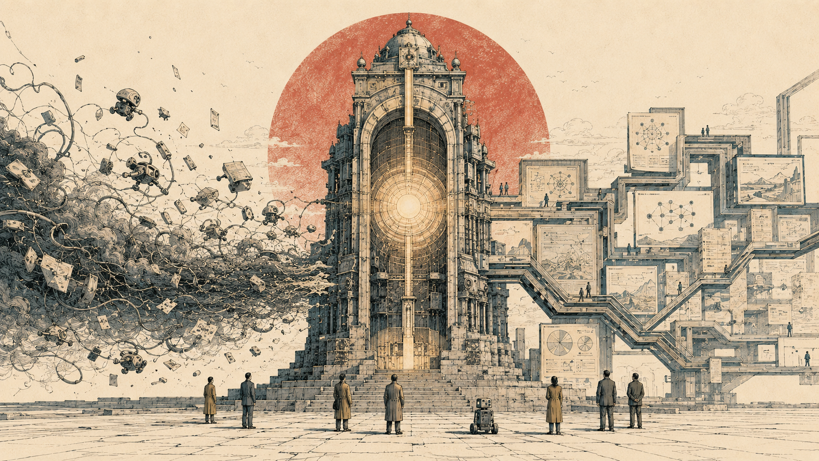 A pen-and-ink etching: a small robot stands among human figures before a monumental glowing gateway, with chaotic scattered documents dissolving on one side and an ordered lattice of structured knowledge on the other